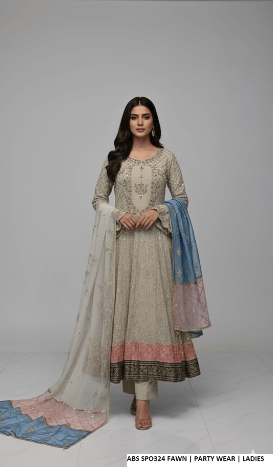 Chiffon straight shirt plazo fawn - Pakistani women's party wear with viscose plazo and organza dupatta front view