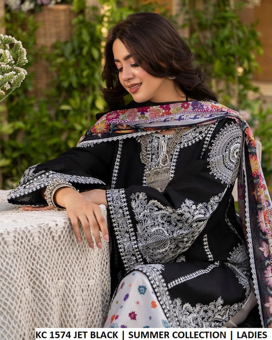 KC Sunehri 1574 Jet Black - Jet Black Embroidered 3-Piece Ready to Wear Women's Pakistani Suit