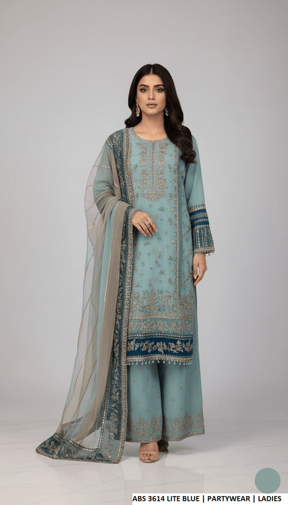 Chiffon straight shirt light blue - Pakistani women's elegant formal wear with grip trouser and chiffon dupatta front view
