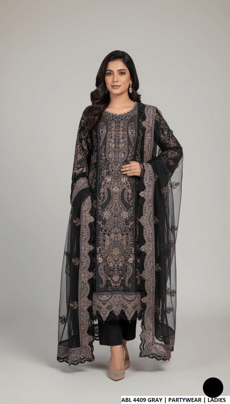 Chiffon straight shirt dark grey - Pakistani women's elegant formal wear with viscose trouser and chiffon dupatta front view
