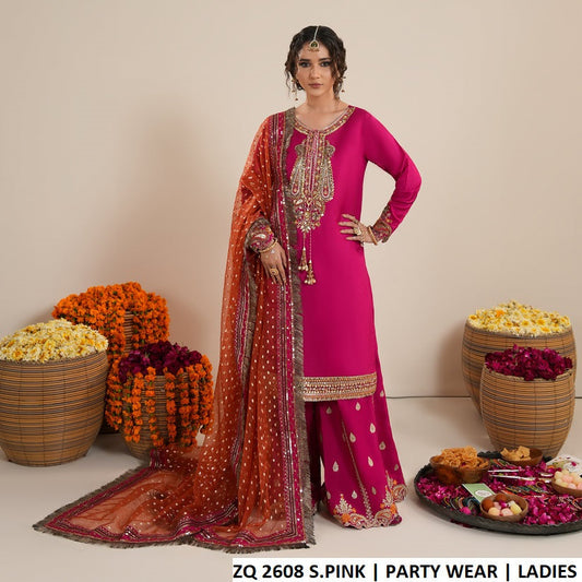 ZQ 2608 SHOCKING PINK - Shocking Pink Raw Silk 3-Piece Women's Pakistani Suit