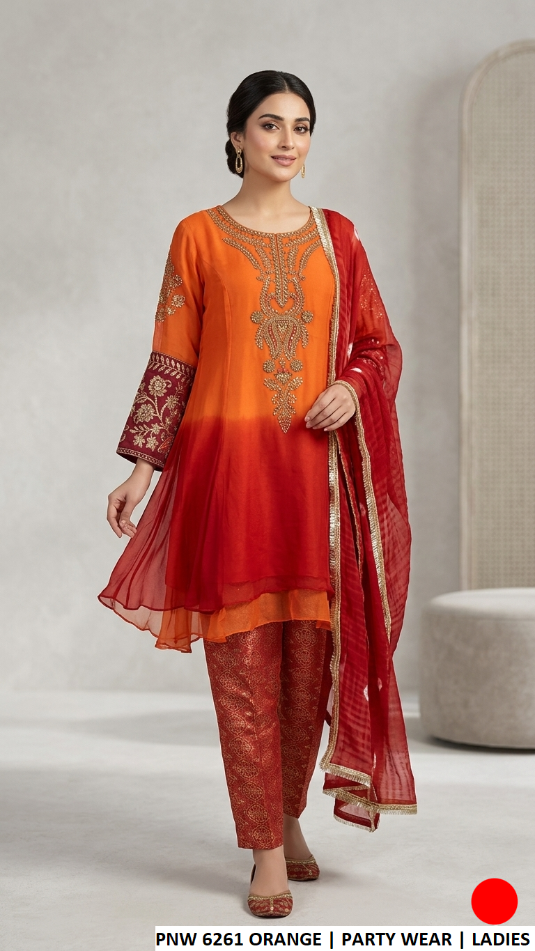 Chiffon frock plazo orange - Pakistani women's elegant party wear with jamawar trouser and chiffon dupatta front view