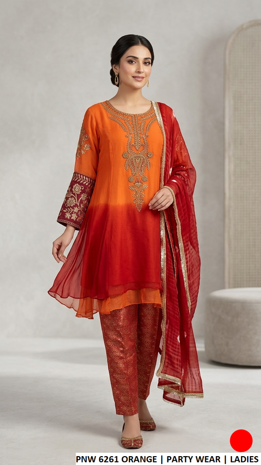 Chiffon frock plazo orange - Pakistani women's elegant party wear with jamawar trouser and chiffon dupatta front view