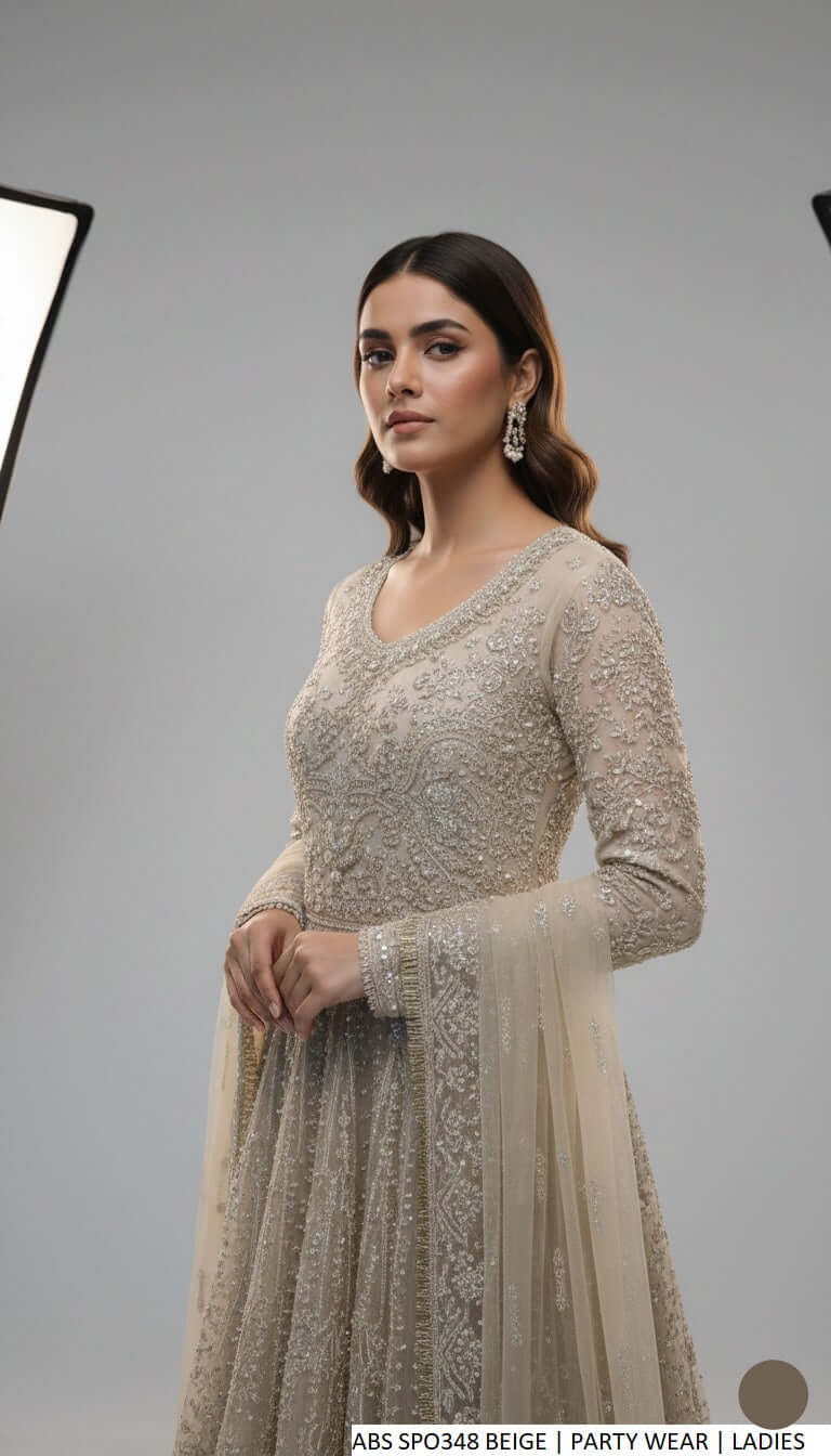 Beige masuri net Pakistani women's long frock with jamawar plazo side view