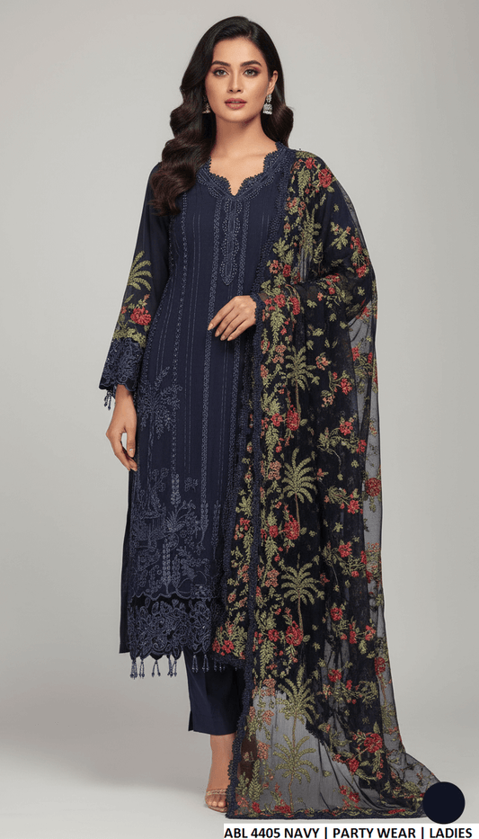 Chiffon straight shirt navy blue - Pakistani women's elegant formal wear with grip trouser and chiffon dupatta front view
