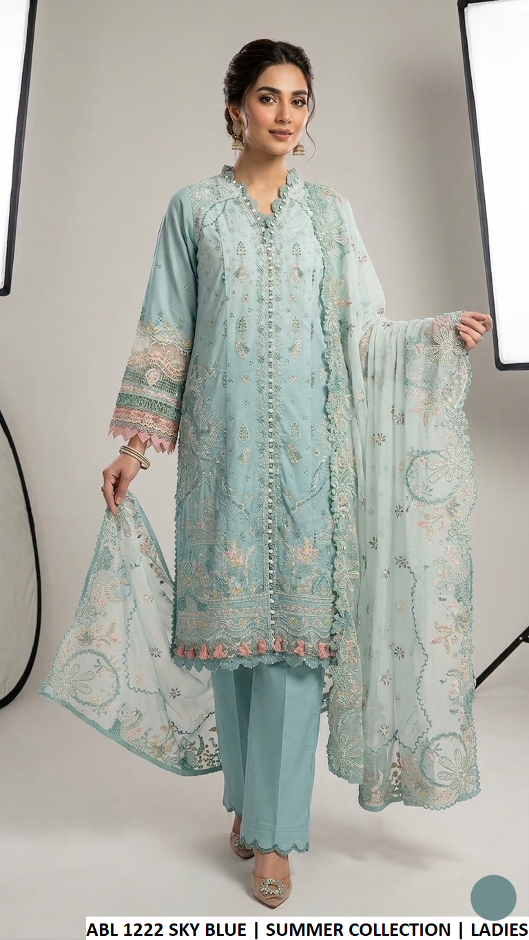 Poly lawn A-Line shirt plazo sky blue - Pakistani women's casual summer outfit with chiffon dupatta front view
