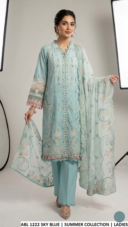 Poly lawn A-Line shirt plazo sky blue - Pakistani women's casual summer outfit with chiffon dupatta front view
