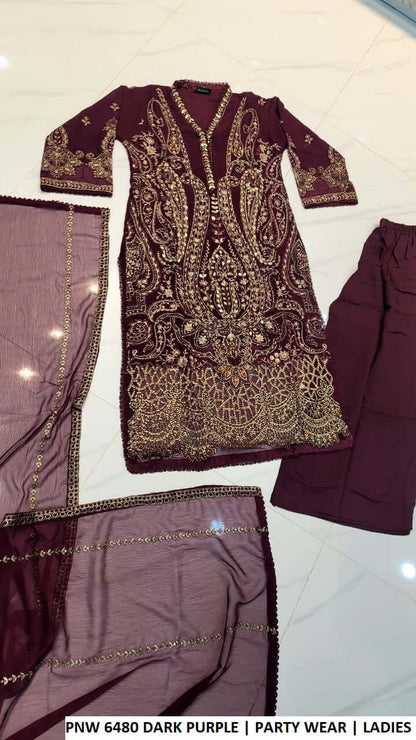 PNW 6480 DARK PURPLE Pakistani women's chiffon party wear plazo outfit back view
