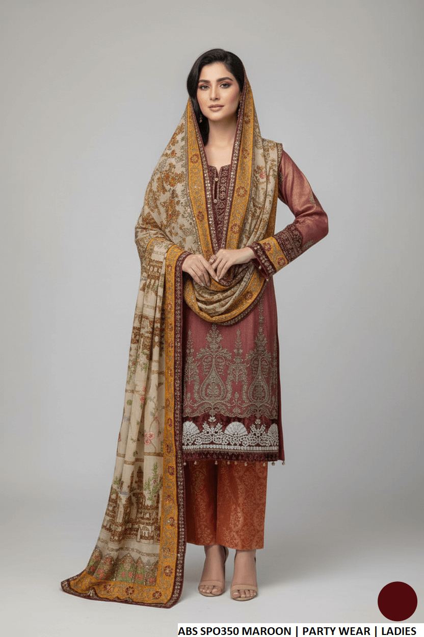 Maroon organza Pakistani women's straight shirt with jamawar trouser side view