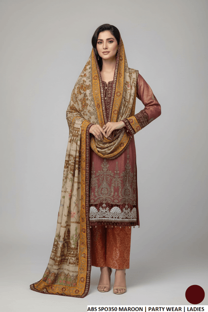 Maroon organza Pakistani women's straight shirt with jamawar trouser side view