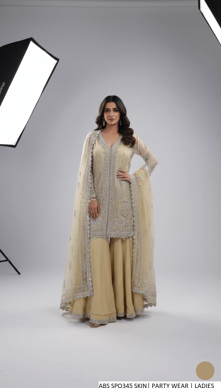 Organza open short gown plazo skin - Pakistani women's formal party wear with grip plazo and organza dupatta front view
