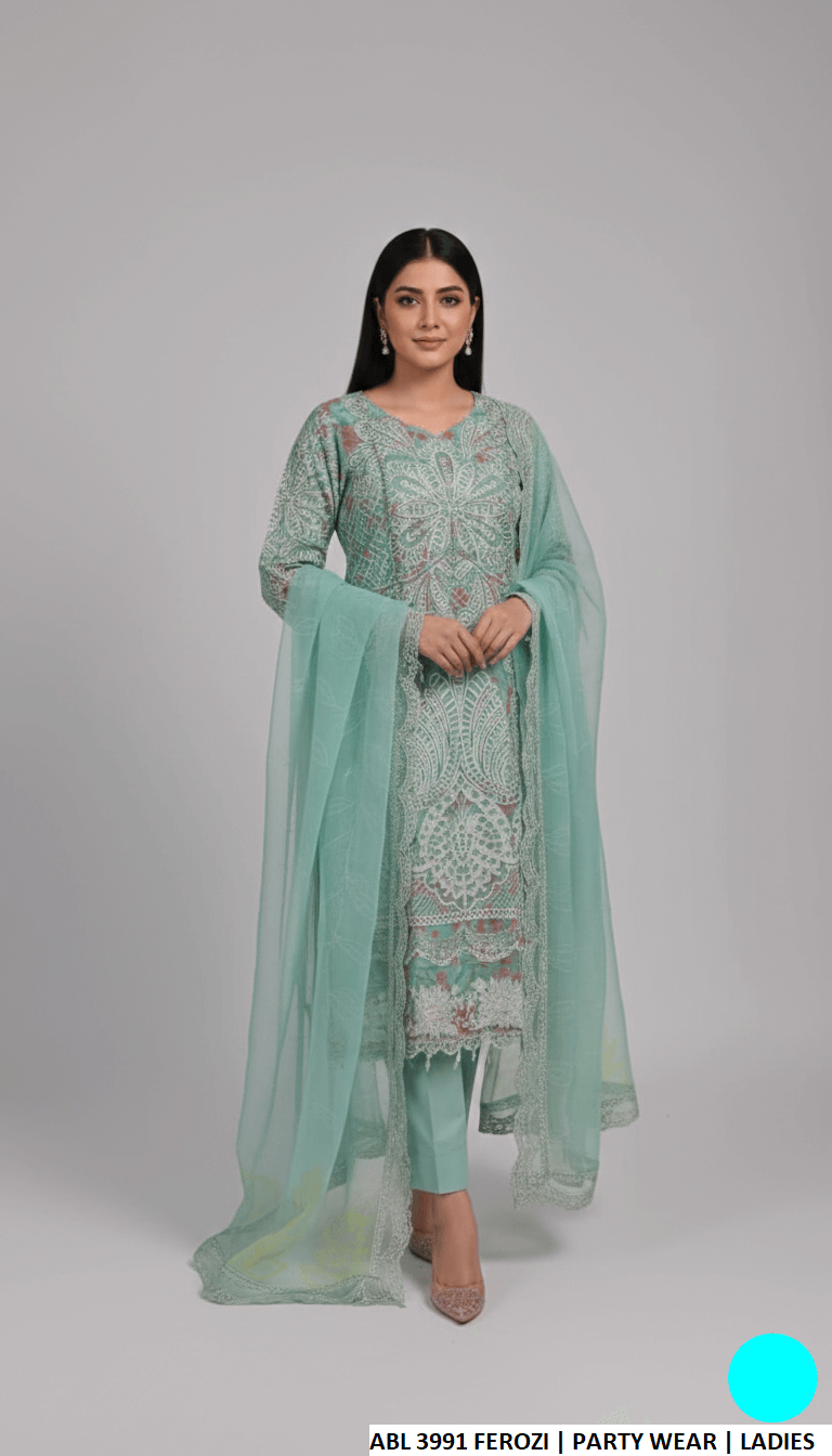 Organza straight shirt ferozi - Pakistani women's elegant formal wear with viscose trouser and organza dupatta front view