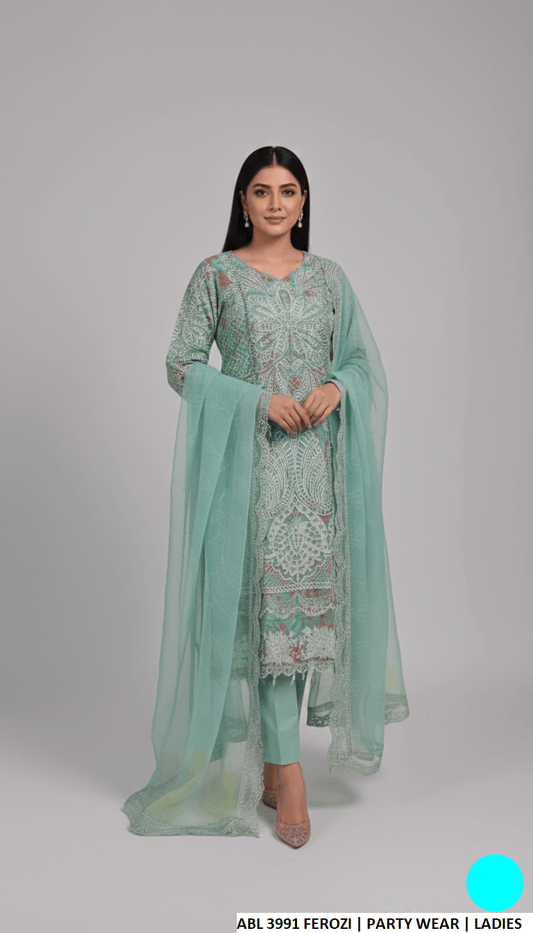 Organza straight shirt ferozi - Pakistani women's elegant formal wear with viscose trouser and organza dupatta front view