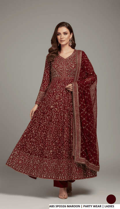Chiffon straight shirt plazo maroon - Pakistani women's party wear with viscose plazo and chiffon dupatta front view