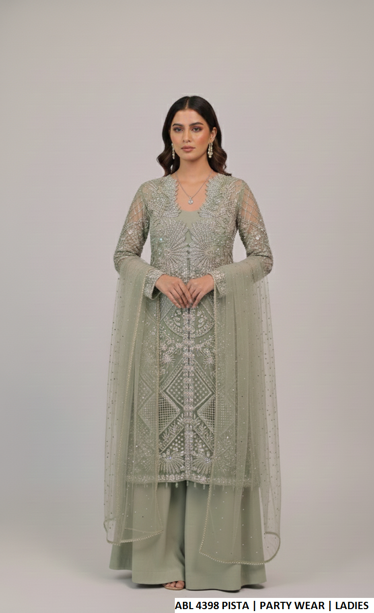 Organza straight shirt pista green - Pakistani women's elegant formal wear with viscose trouser and organza dupatta front view