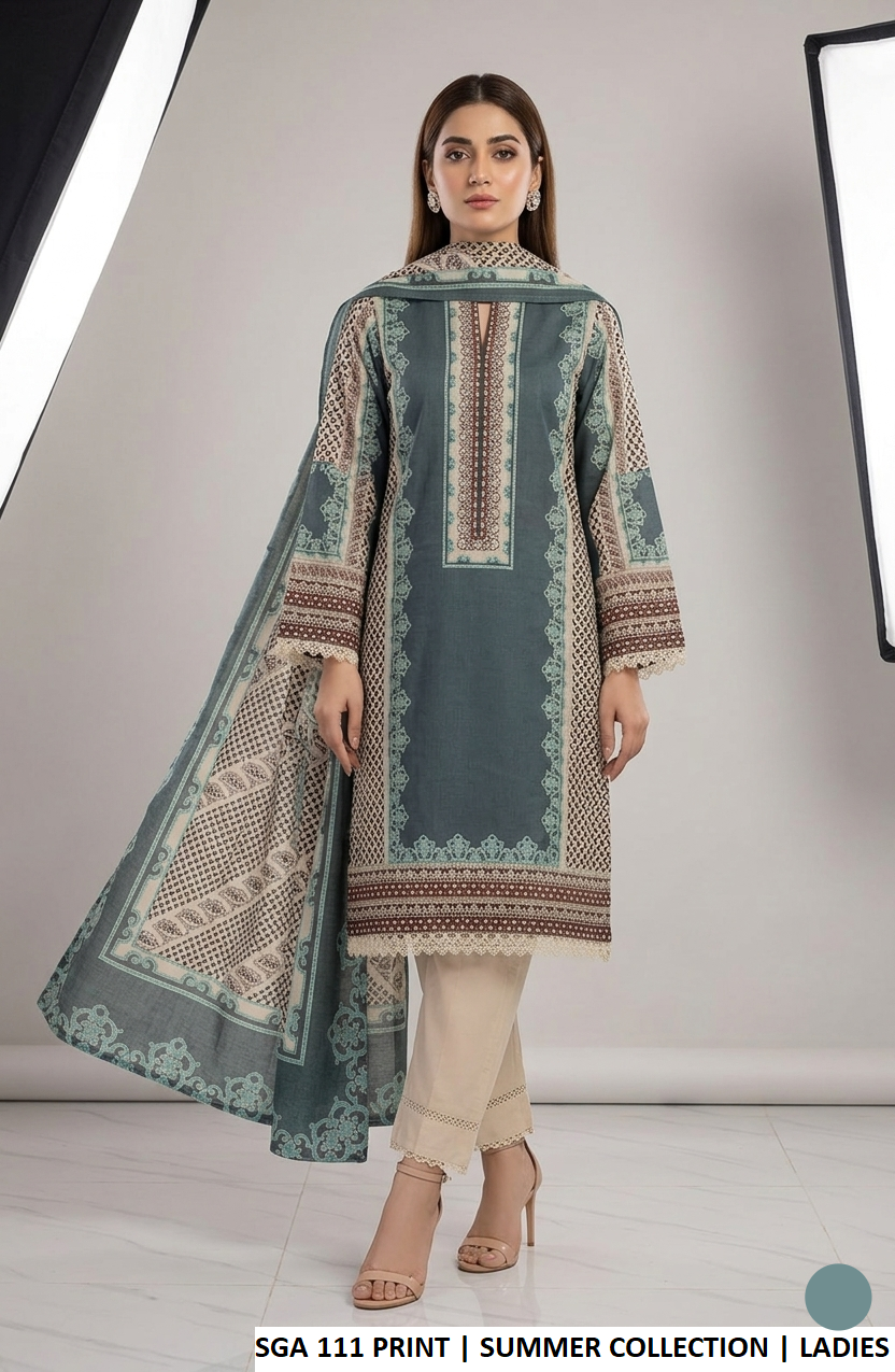 Lawn A-Line printed shirt - Pakistani women's casual summer outfit with lawn trouser and dupatta front view