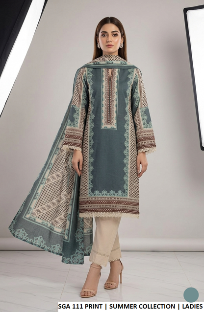 Lawn A-Line printed shirt - Pakistani women's casual summer outfit with lawn trouser and dupatta front view