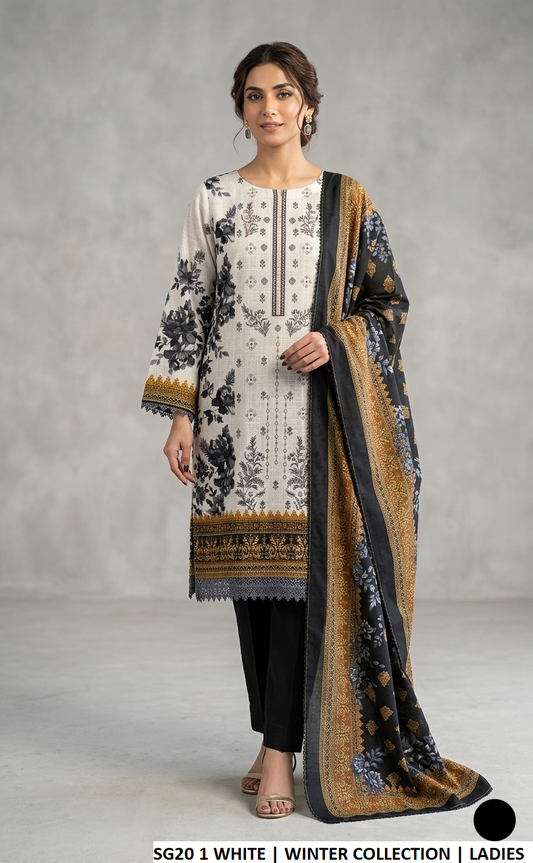 Khaddar straight shirt white - Pakistani women's winter 3-piece suit with khaddar trouser and dupatta front view