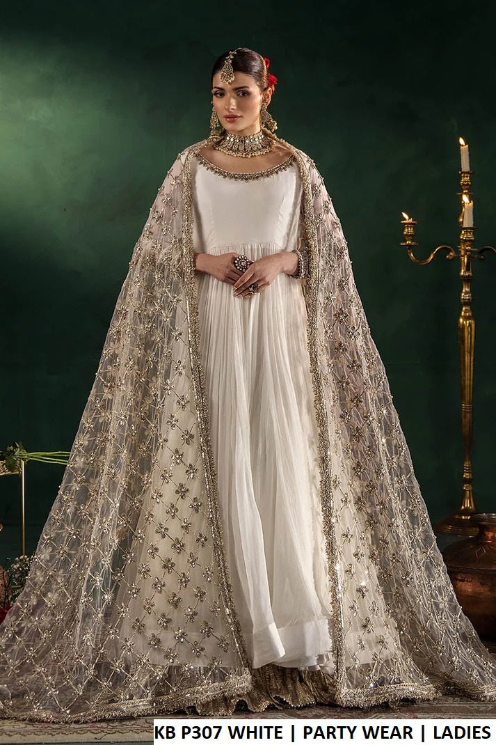 Pakistani women's white crinkle chiffon long frock with net dupatta back view
