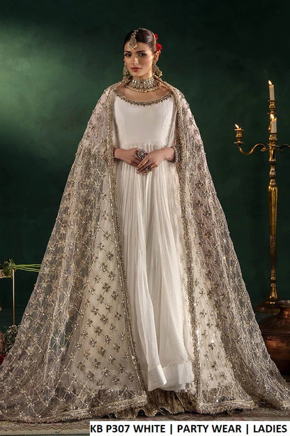 Pakistani women's white crinkle chiffon long frock with net dupatta back view