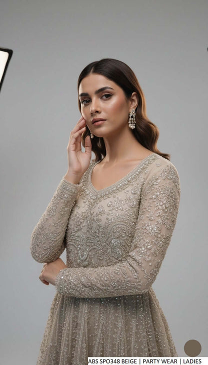 Pakistani women's beige masuri net long frock plazo back view