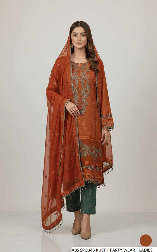 Chiffon straight shirt jacquard trouser rust - Pakistani women's party wear with chiffon dupatta front view