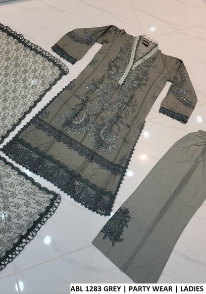 ABL 1283 GRAY - Grey Net Straight Shirt Plazo Set with Soft Net Dupatta | Women's 3-Piece Suit