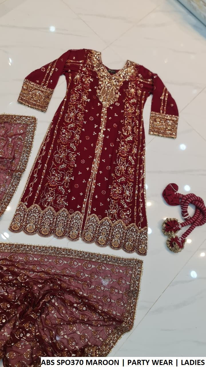 Chiffon open shirt crush plazo maroon - Pakistani women's party wear with viscose crush plazo and chiffon dupatta front view