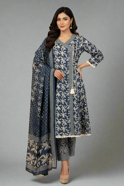 Lawn A-Line printed shirt - Pakistani women's casual summer outfit with cotton trouser and lawn dupatta front view