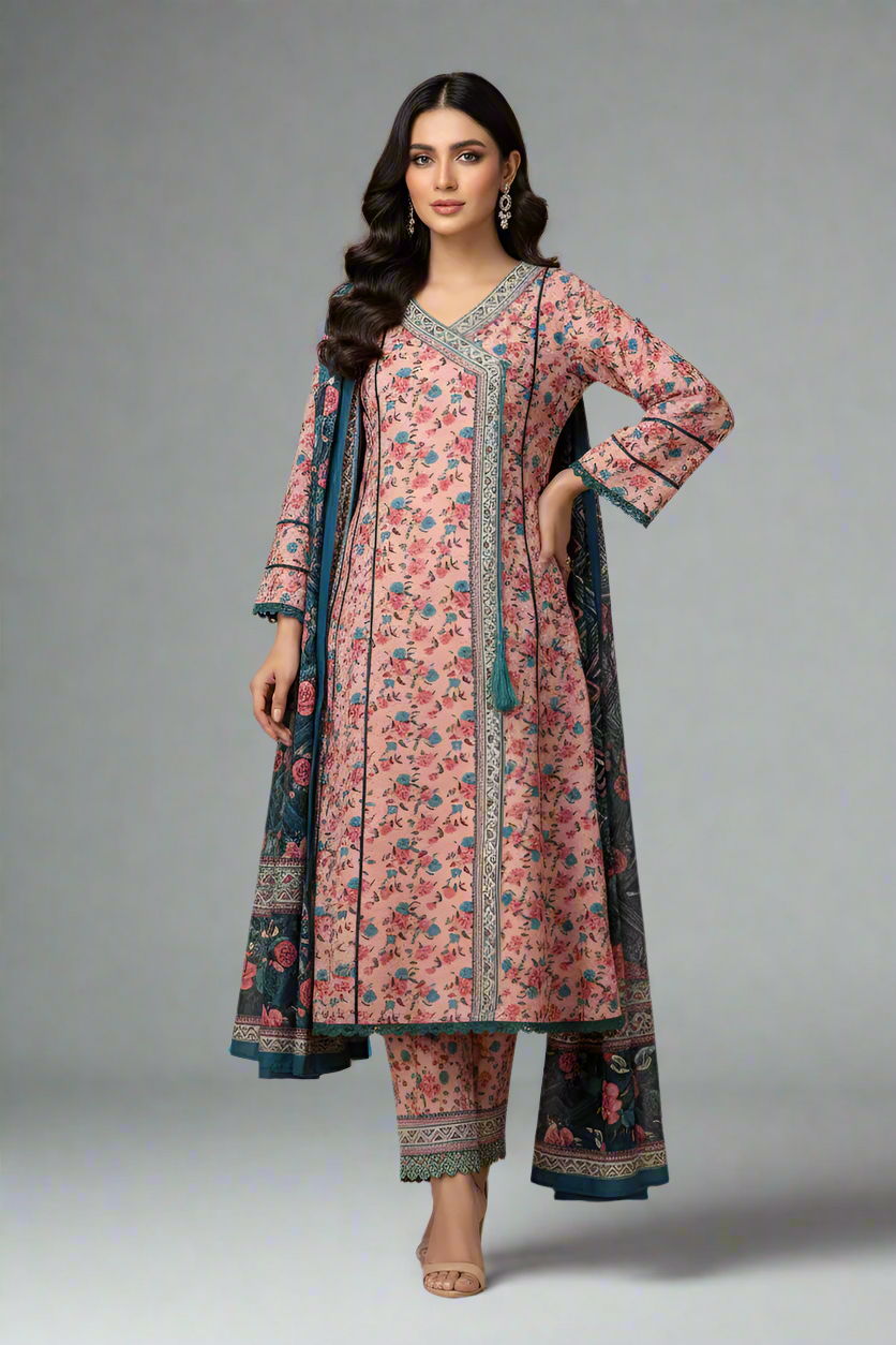 Lawn A-Line printed shirt - Pakistani women's casual summer outfit with cotton trouser and lawn dupatta front view