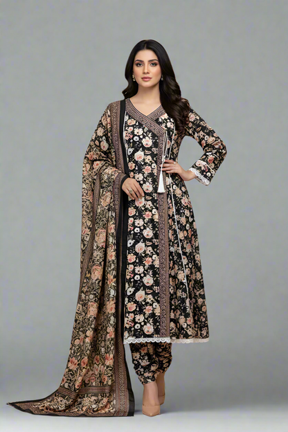 Lawn A-Line printed shirt - Pakistani women's casual summer outfit with cotton trouser and lawn dupatta front view
