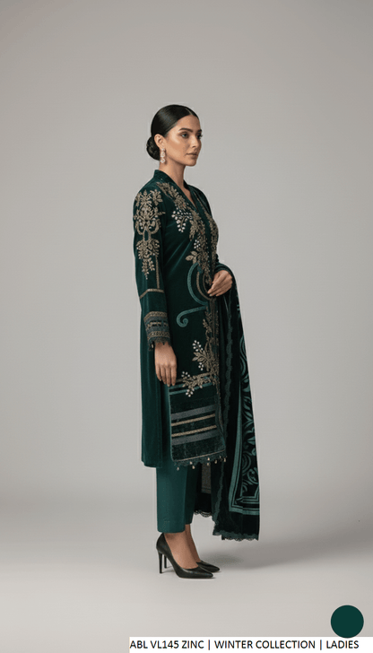 Pakistani women's zinc grey velvet A-Line shirt back view