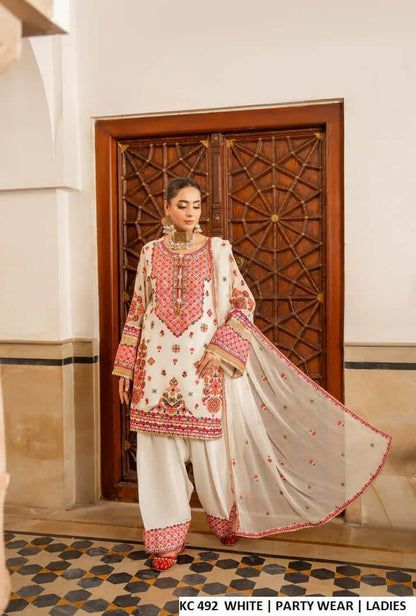 Silk long kaftan plazo white - Pakistani women's luxury formal wear with silk dupatta front view