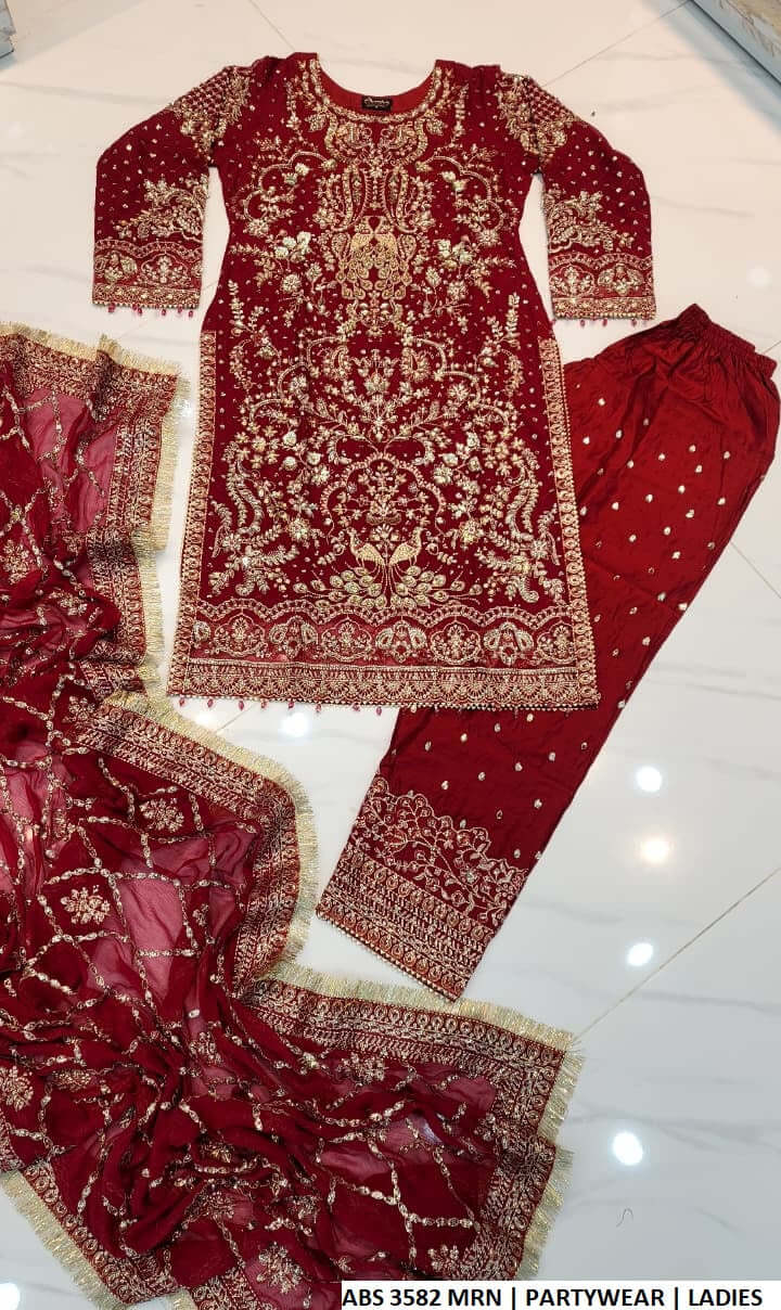 Pakistani women's maroon chiffon straight shirt with shalwar back view