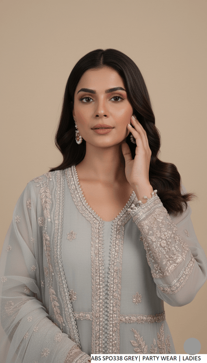 Pakistani women's grey organza open shirt plazo detail view