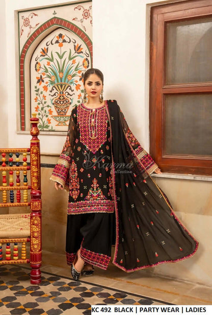 Silk long A-Line shirt plazo black - Pakistani women's luxury formal wear with silk dupatta front view