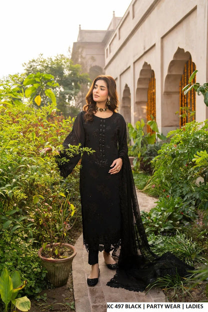 Silk long A-Line shirt plazo black - Pakistani women's luxury formal wear with silk dupatta front view