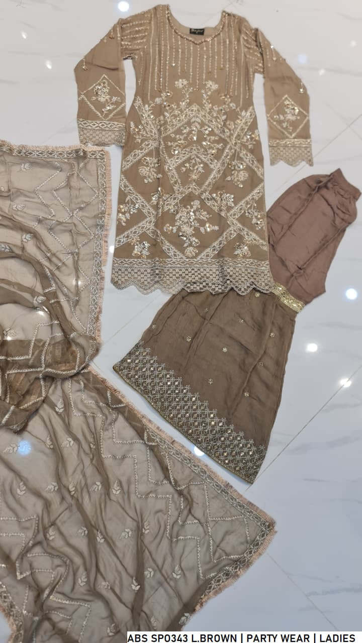 Pakistani women's light brown chiffon straight shirt garara back view