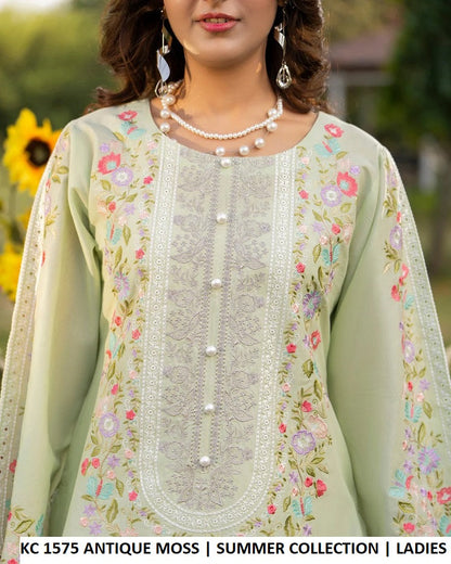 KC Sunehri 1575 Antique Moss - Antique Moss Embroidered 3-Piece Ready to Wear Women's Pakistani Suit