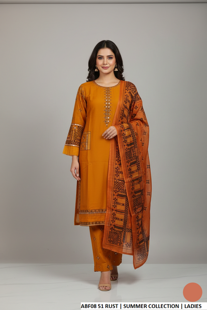 Cotton straight shirt plazo rust - Pakistani women's casual outfit with digital print dupatta front view