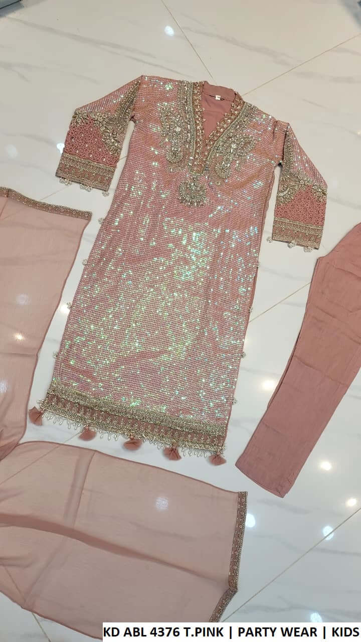 KD ABL 4376 T.PINK chiffon Pakistani kids sequined straight shirt party wear back view
