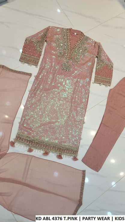 KD ABL 4376 T.PINK chiffon Pakistani kids sequined straight shirt party wear back view