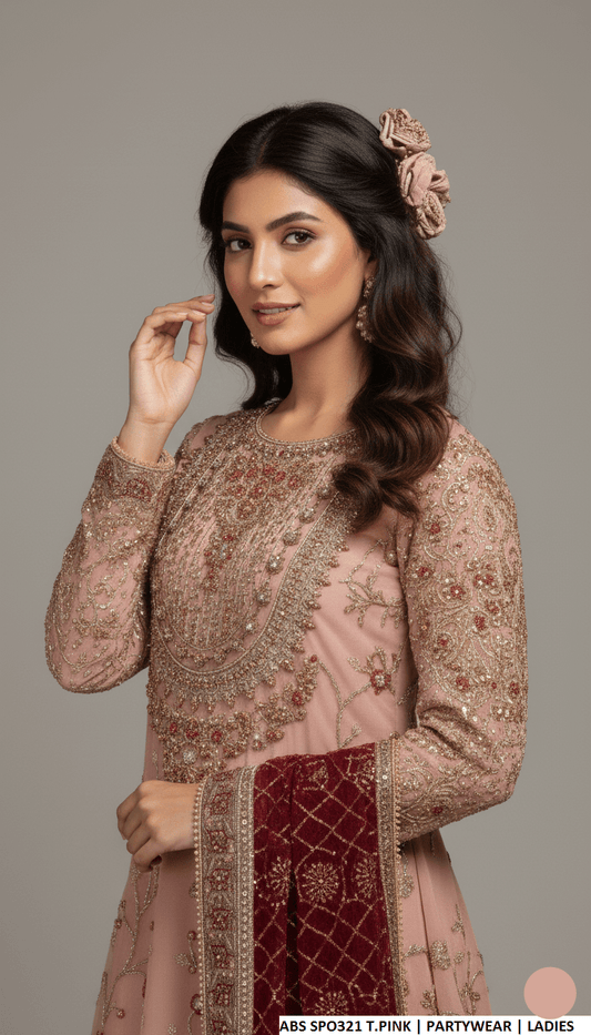 Tea pink chiffon Pakistani women's straight shirt with plazo side view