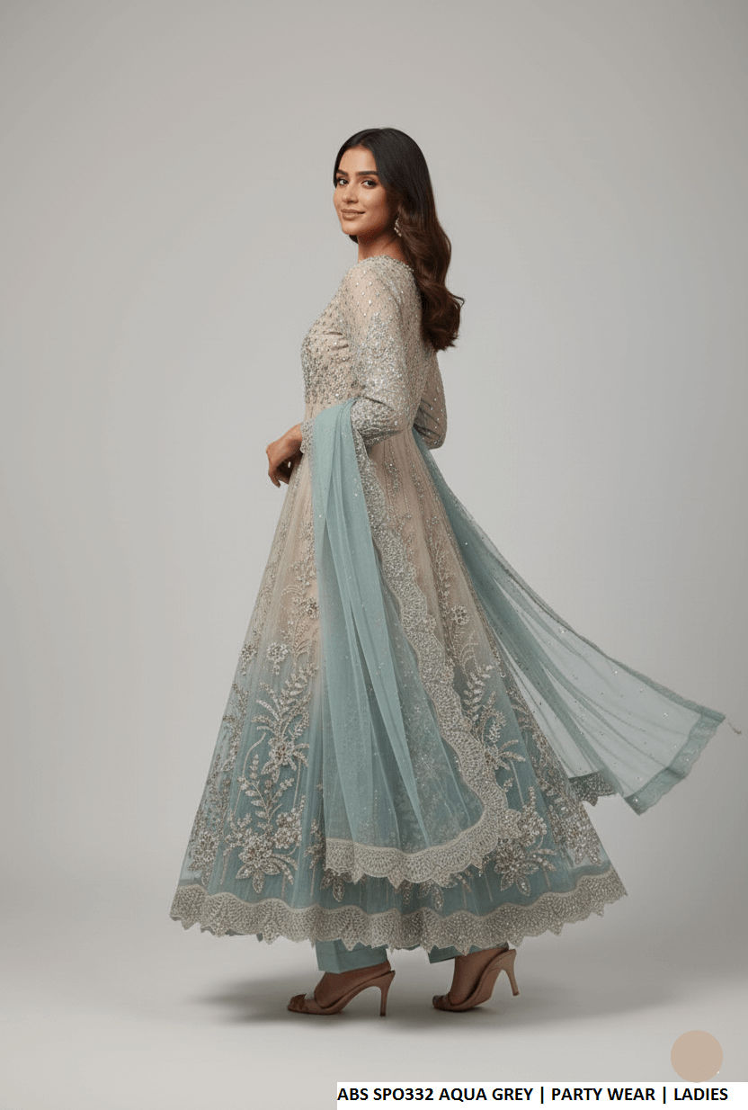 Pakistani women's aqua grey chiffon straight shirt plazo detail view