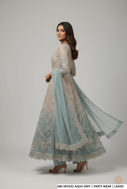 Pakistani women's aqua grey chiffon straight shirt plazo detail view