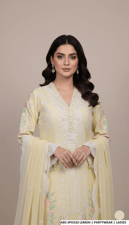 Lemon yellow chiffon Pakistani women's straight shirt with plazo side view