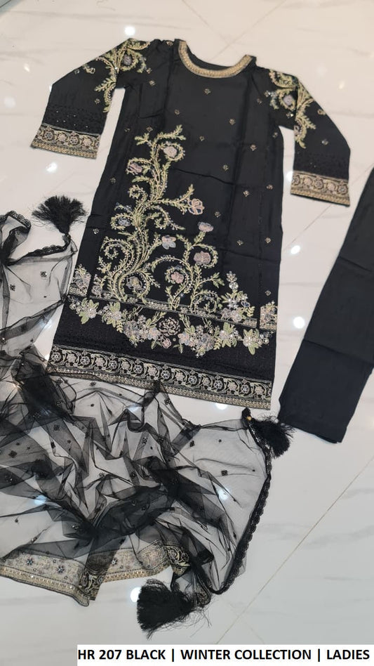 Linen straight shirt black - Pakistani women's casual summer outfit with soft net dupatta front view