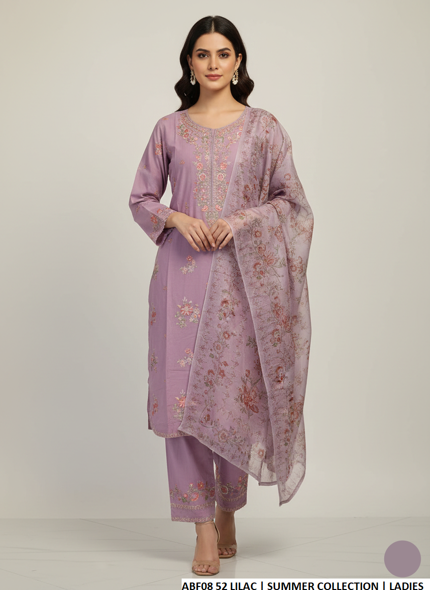 Cotton straight shirt farshi shalwar lilac - Pakistani women's traditional casual outfit with digital print dupatta front view