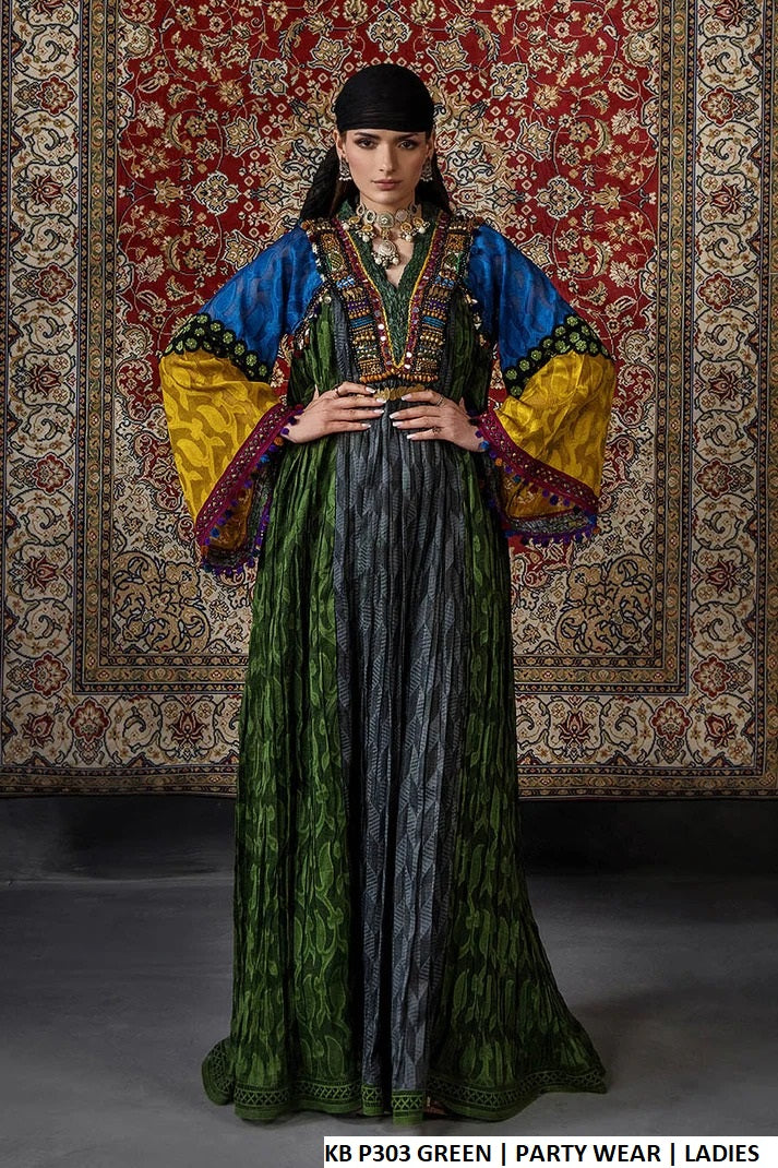 Brochette long straight shirt green - Pakistani women's formal wear with cotton trouser and chiffon dupatta front view