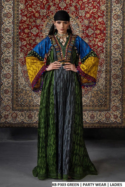 Brochette long straight shirt green - Pakistani women's formal wear with cotton trouser and chiffon dupatta front view